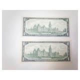 2 Canadian Notes: 1967 Centennial of Canadian Confederation, 1 with serial #, 1 without