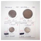 Australian Silver: 2) 3 pence, 1942-D, 1943 plus 1943 Large cent and 1943 half cents