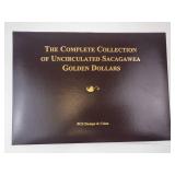 Decorative Collectors Folder with 6 Uncirculated Sacagawea dollar coins and vintage stamps