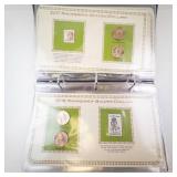 Decorative Collectors Folder with 6 Uncirculated Sacagawea dollar coins and vintage stamps