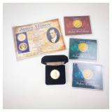 collection of 6 Gold plated US coins: 3 Indian Head Pennies and 3 Presidential Dollars