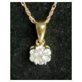 10K Yellow Gold Diamond Cluster Pendant Necklace. 16"