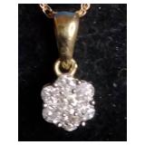 10K Yellow Gold Diamond Cluster Pendant Necklace. 16"