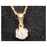 10K Yellow Gold Diamond Cluster Pendant Necklace. 16"