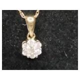 10K Yellow Gold Diamond Cluster Pendant Necklace. 16"