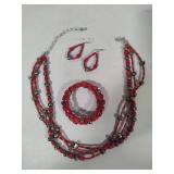 925 Jay King DTR Three Strand Red Coral & Gray Pearl Necklace w/Matching Earrings & Bracelet