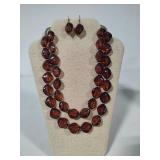Cognac Brown Acrylic Beaded Double Strand Necklace & Earrings