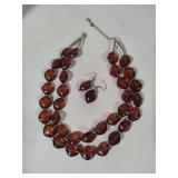Cognac Brown Acrylic Beaded Double Strand Necklace & Earrings