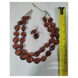 Cognac Brown Acrylic Beaded Double Strand Necklace & Earrings