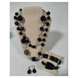 Long Black & Silver Tone Beaded Necklace, Stretch Bracelets & Sterling Earrings