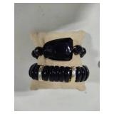 Long Black & Silver Tone Beaded Necklace, Stretch Bracelets & Sterling Earrings