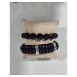 Long Black & Silver Tone Beaded Necklace, Stretch Bracelets & Sterling Earrings