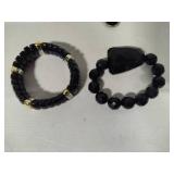 Long Black & Silver Tone Beaded Necklace, Stretch Bracelets & Sterling Earrings