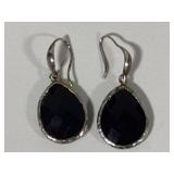 Long Black & Silver Tone Beaded Necklace, Stretch Bracelets & Sterling Earrings