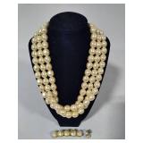Triple Strand Pearl/Gold Tone Costume Necklace w/Hair Clip & Scarf Pin