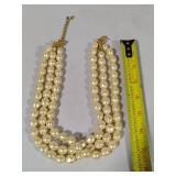 Triple Strand Pearl/Gold Tone Costume Necklace w/Hair Clip & Scarf Pin