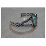 Silver Tone Cuff Bracelet - Turquoise Stone - Flowers