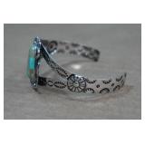 Silver Tone Cuff Bracelet - Turquoise Stone - Flowers
