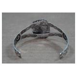 Silver Tone Cuff Bracelet - Turquoise Stone - Flowers