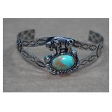 Silver Tone Cuff Bracelet - Turquoise Stone - Buffalo