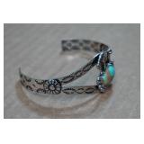 Silver Tone Cuff Bracelet - Turquoise Stone - Buffalo