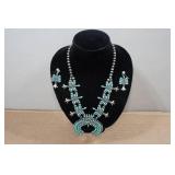Silver Tone Turquoise Stone Necklace and Earring Set