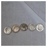 4-Silver Roosevelt Dimes, 1 Mercury Dime, 10c