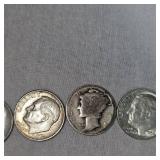 4-Silver Roosevelt Dimes, 1 Mercury Dime, 10c
