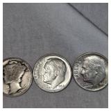 4-Silver Roosevelt Dimes, 1 Mercury Dime, 10c
