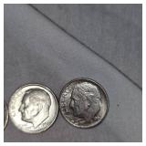 4-Silver Roosevelt Dimes, 1 Mercury Dime, 10c