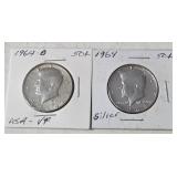 2 Kennedy Silver Half Dollars  (1964, 1964 D)