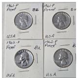 1961-1962 Silver Proof  Quarter Dollars (4 Coins - Brillant Unc.)