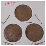 Three Indian Head Pennies  (1905, 1905, 1907)