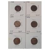 Six Indian Head Pennies (1888, 1891, 1894, 1894, 1897, 1901)