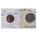 1863 Civil War Token - Very Collectible / 1937 Buffalo Nickel - Readable