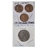 3 - 1909 Wheat Pennies  (First Year of Wheat Penny) / 1 - 1958 Shilling Silver VF