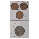 3 - 1909 Wheat Pennies  (First Year of Wheat Penny) / 1 - 1958 Shilling Silver VF