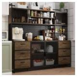 FUFU&GAGA Brown Wood 70.9 in. W Buffet Sideboard Kitchen Pantry Cabinet For Dining Room with Metal Mesh Doors, 6-Drawers, Shelves     Customer Returns See Pictures
