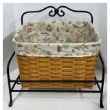 Longaberger Newspaper Basket with a Wrought Iron Stand and Fabric Liner 2004.