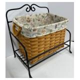 Longaberger Newspaper Basket with a Wrought Iron Stand and Fabric Liner 2004.