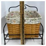 Longaberger Newspaper Basket with a Wrought Iron Stand and Fabric Liner 2004.