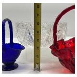 Vintage Fenton Ruby Red Glass Basket, Cobalt Basket and  Crystal  Bowl