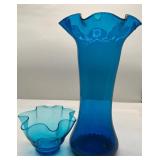 Mid Century Modern Ruffle Trim Blown Glass Vase and Vintage Blenko Ruffled Bowl