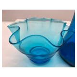 Mid Century Modern Ruffle Trim Blown Glass Vase and Vintage Blenko Ruffled Bowl
