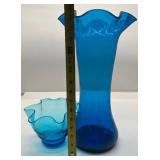 Mid Century Modern Ruffle Trim Blown Glass Vase and Vintage Blenko Ruffled Bowl