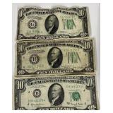 Vintage Ten Dollar Bills 1934 A, 1934 D, 1963 A 3 Piece Lot
