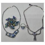 Weiss Light Blue Rhinestone and Moonstone Necklace, Brooch, Ring