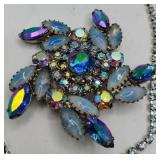 Weiss Light Blue Rhinestone and Moonstone Necklace, Brooch, Ring