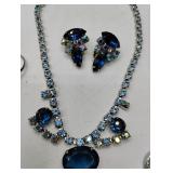 Blue Aurora Borealis Rhinestone Jewelry LOT - Silvertone and Sapphire Blue Bogoff Bracelet, Chokers, Ring and Earrings