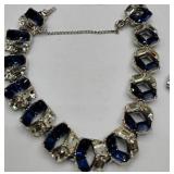 Blue Aurora Borealis Rhinestone Jewelry LOT - Silvertone and Sapphire Blue Bogoff Bracelet, Chokers, Ring and Earrings